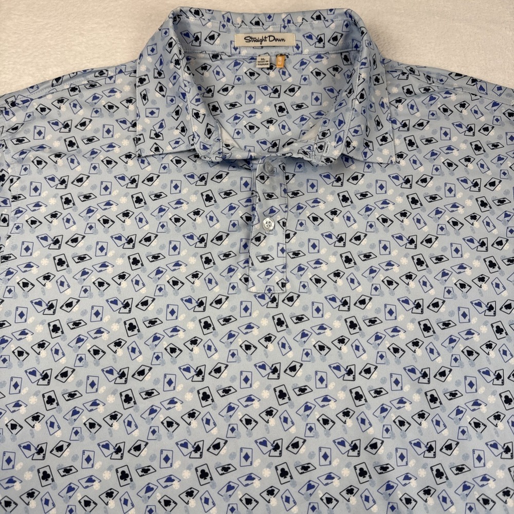 Straight Down Polo Blue Shirt Mens XL Multicolor Poker Print Golf UPF 50 Stretch